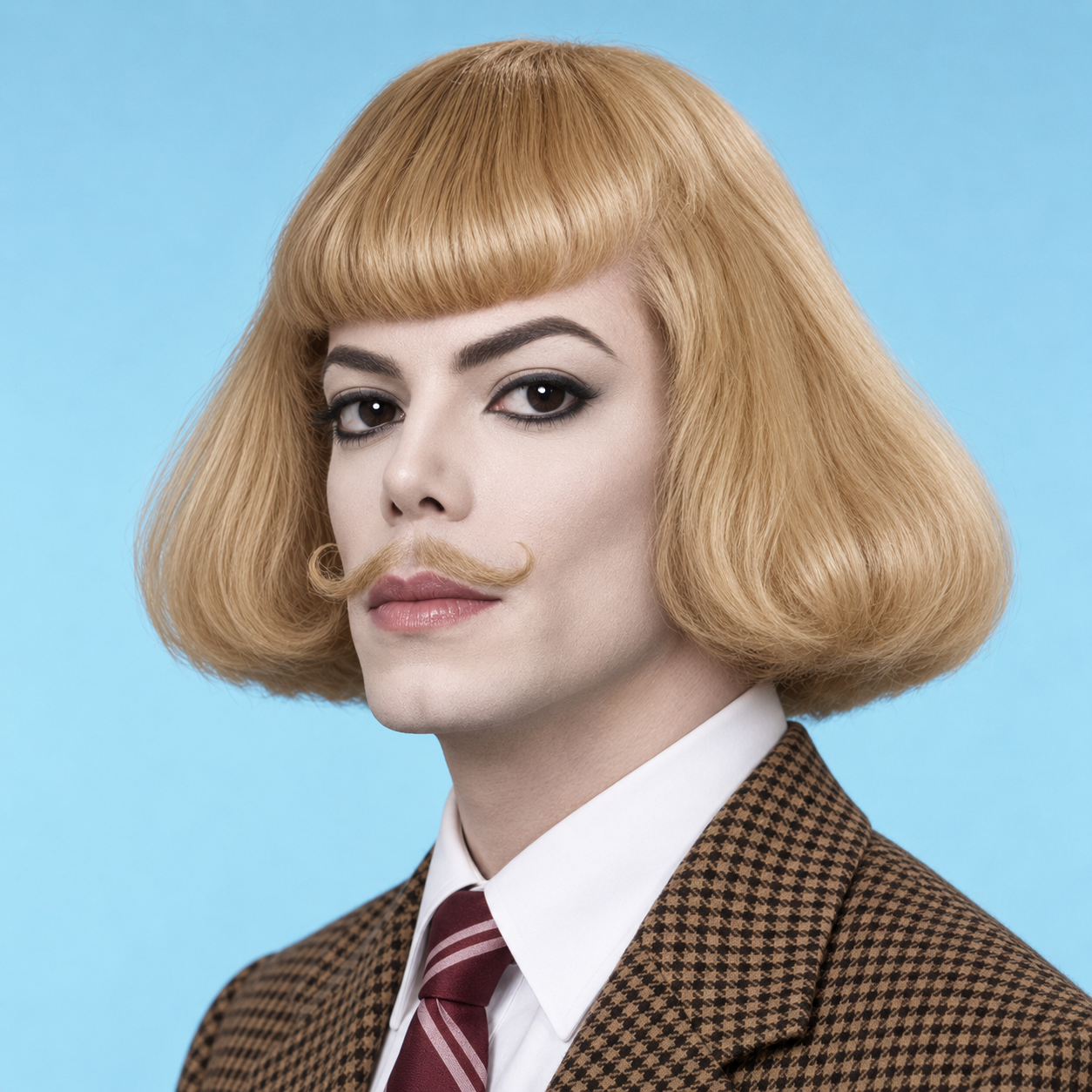 Billie Jean with a blonde bob, curled moustache and a checked suit